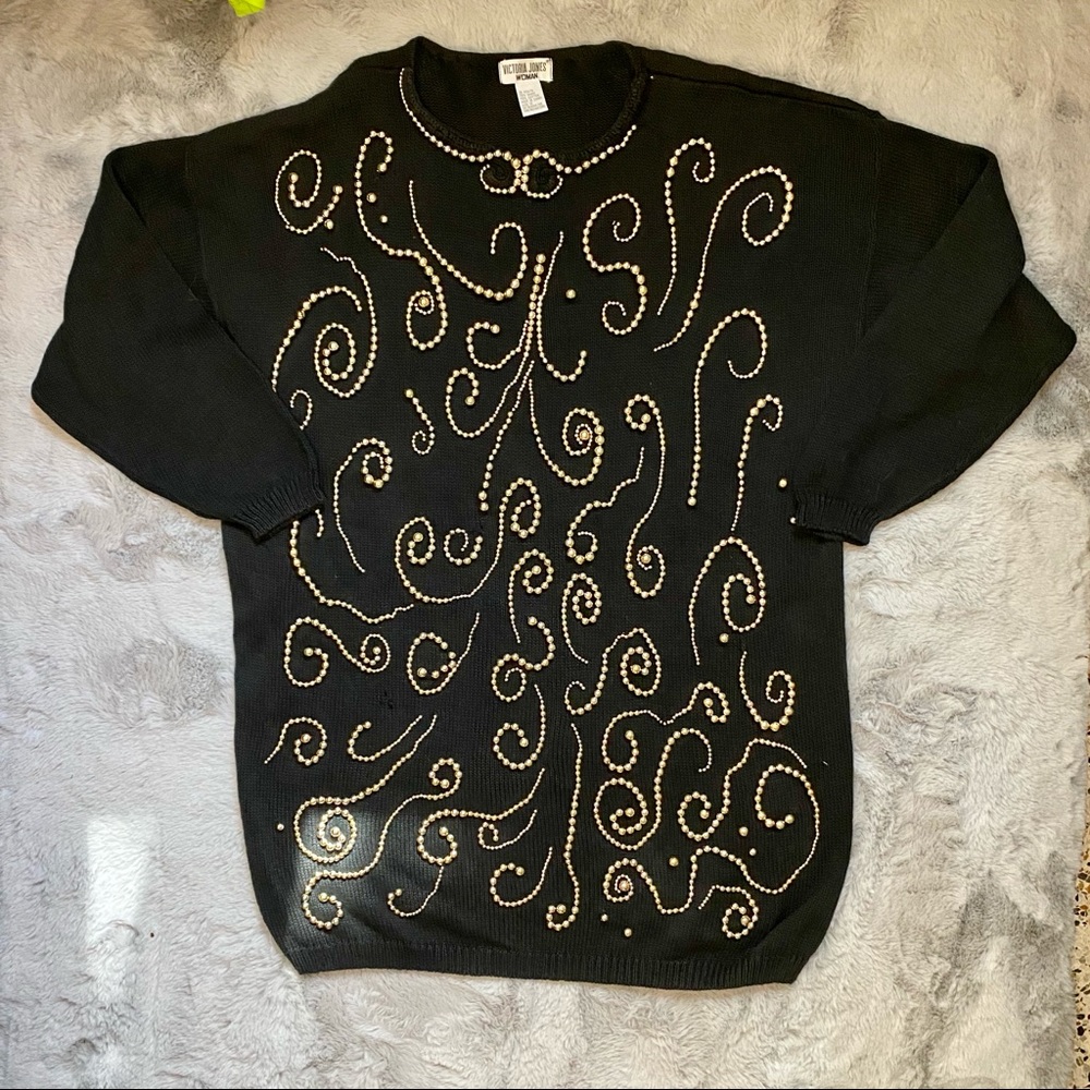 Victoria Jones Beaded Sweater Black Sz 1X